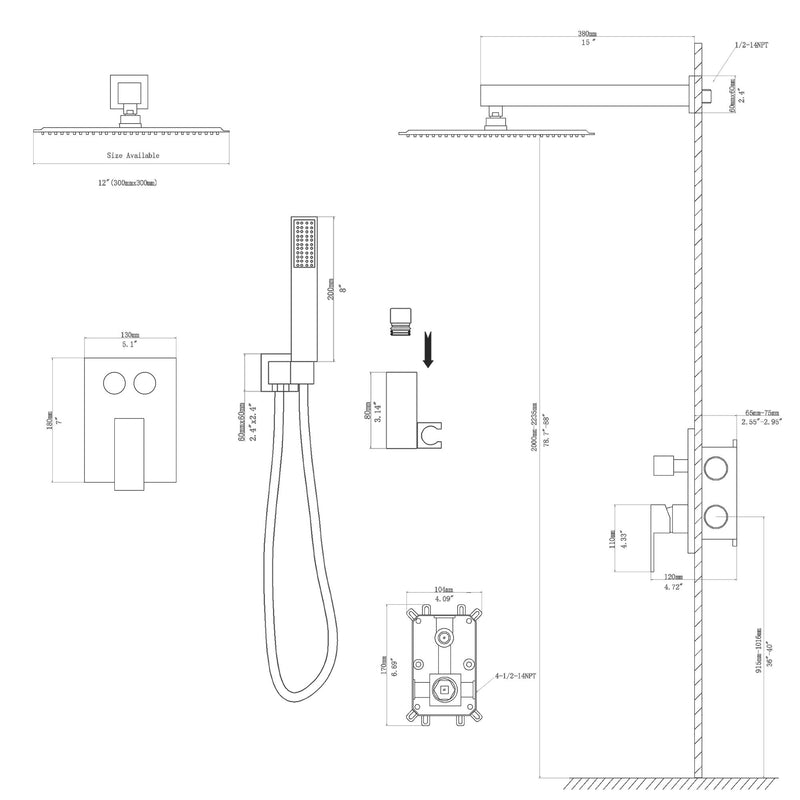 Dual Shower Head System With Square Rain Shower And Rough In Valve