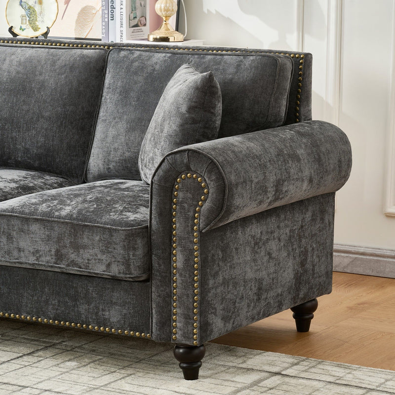 3 Seater Sofa With Tufted Upholstery, Rolled Arms, Nailhead Trim