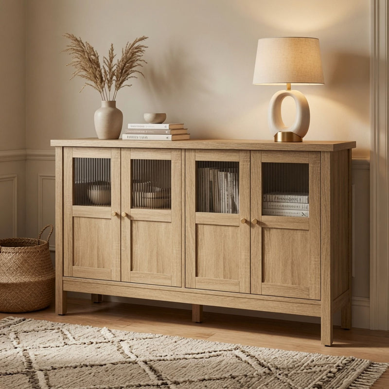 Buffet Cabinet With 4 Doors, Adjustable Shelves Handles - Natural