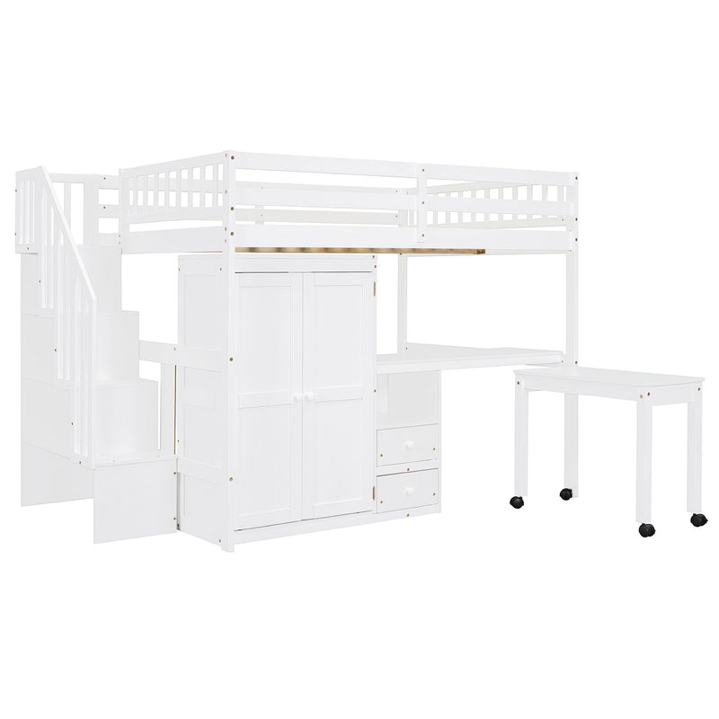Loft Bed With Stairs, Bookshelf, Drawers, Desk & Wardrobe, Space Saving Multifunctional Furniture