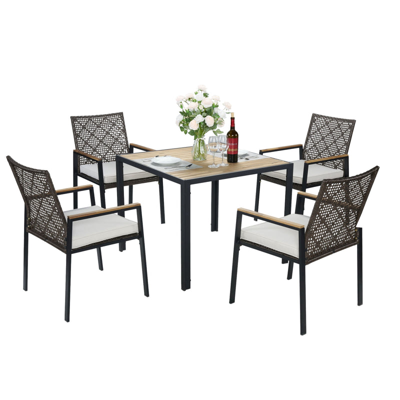 5 Piece Patio Dining Table Set, Acacia Wood Table Top With Umbrella Hole
