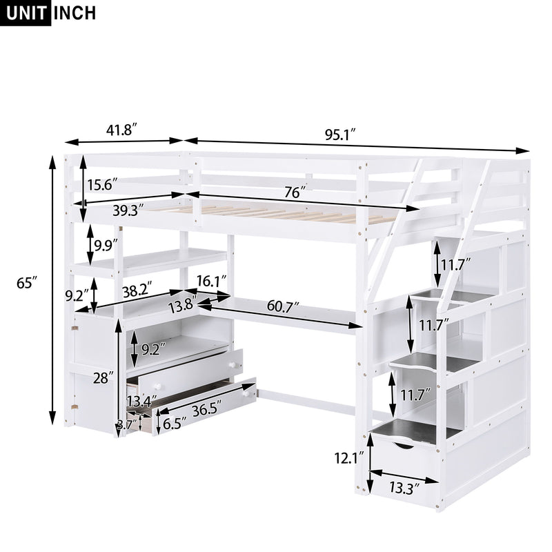 Loft Bed With Desk, Shelves, 2 Drawers, Storage Staircase