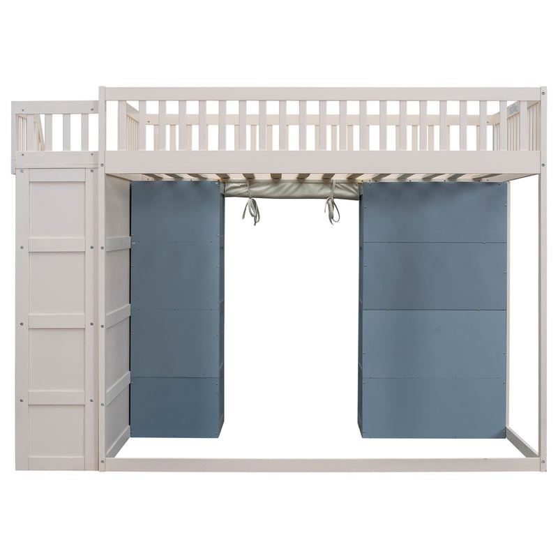 Full Size Loft Bed With 2 Four Layer Storage Cabinets And Curtain With Built In Staircase And Privacy Curtain - White