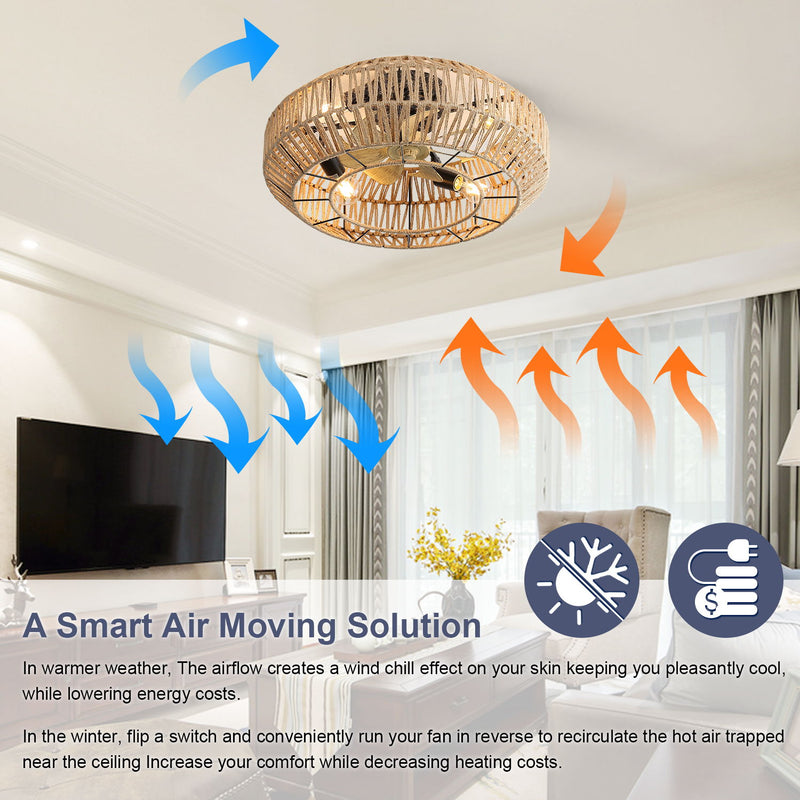 22" Caged Ceiling Fan With DC Motor, 6 Speeds Remote Control For Living Room - Rattan