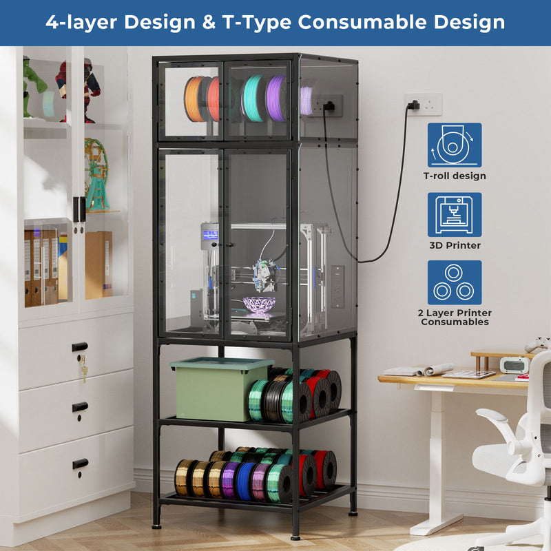3D Printer Cabinet With Double Layer Filament Storage, T-Shaped Filament Bar, Noise Reducing And Dust Proof Design - Black