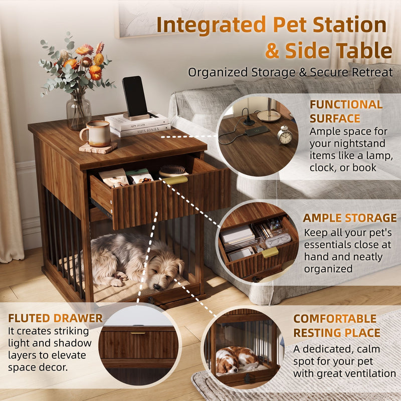 Dog Crate End Table With Charging Station - Antique Brown