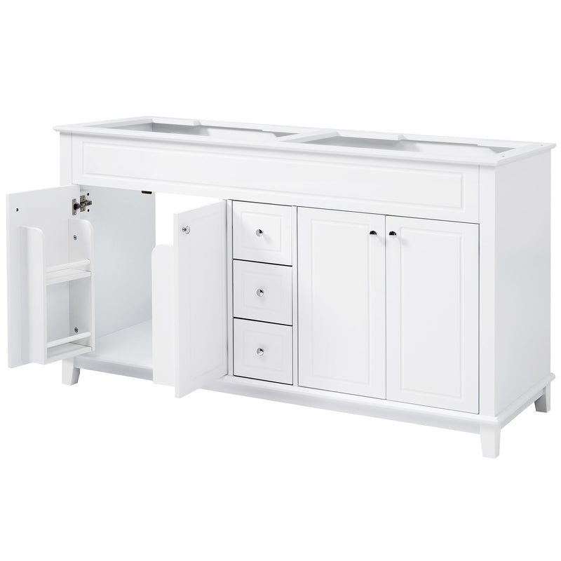 Bathroom Vanity Cabinet Only, 3 Drawers & 4 Doors With Double Layer Shelves - White