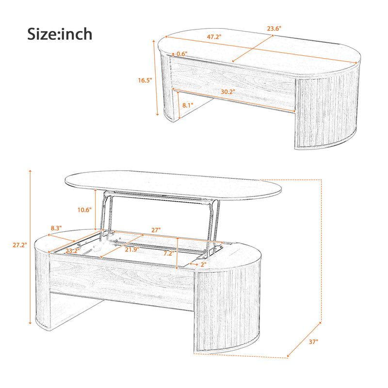 Lift Top Coffee Table With Hidden Compartment, Modern Oval Lift Tabletop For Home Living Room
