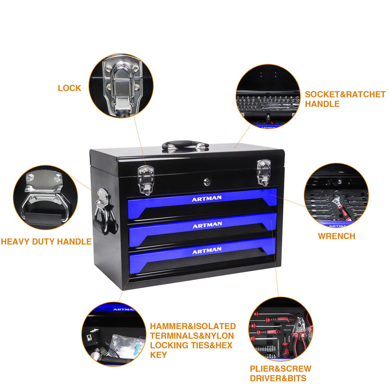 Portable 3 Drawer Steel Toolbox, 4 Layers Of Tools With Metal Latches, With Storage Tray And Carrying Handle