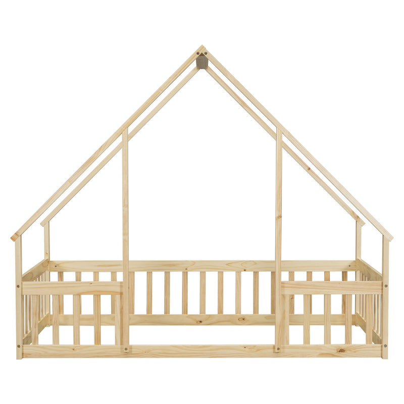 Wood House-Shaped Floor Bed With Fence, Guardrails