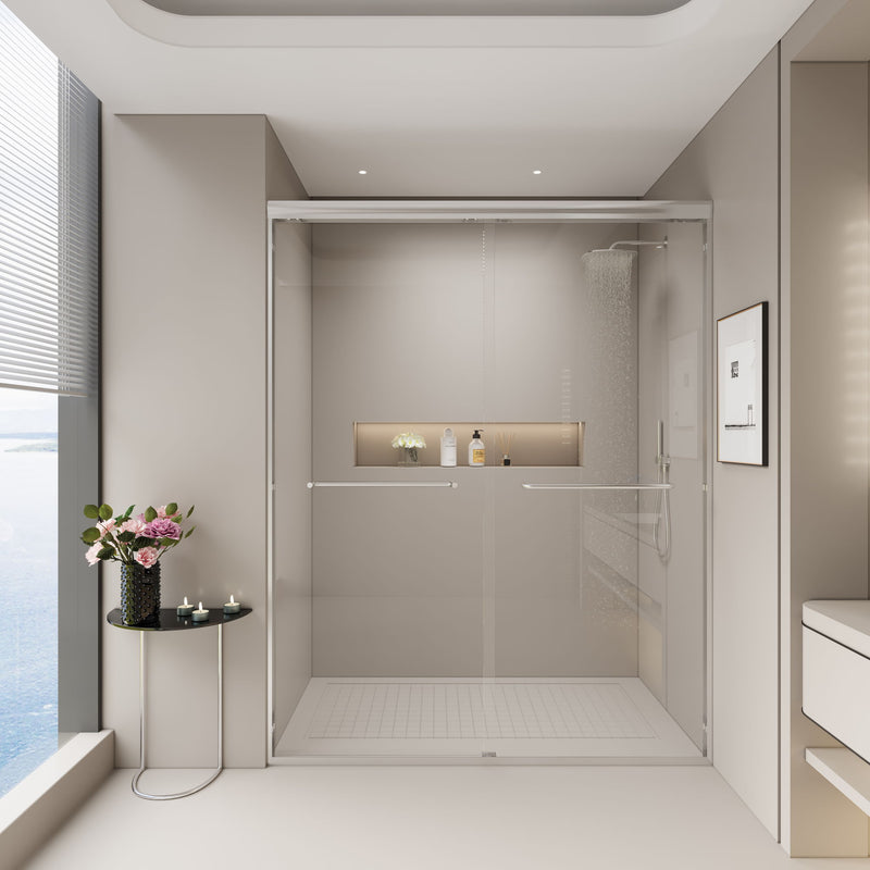Double Sliding Shower Door, Semi-Frameless Bypass Bathroom Sliding Door With 1/4" (6 Mm) Tempered Glass For Walk-In Shower