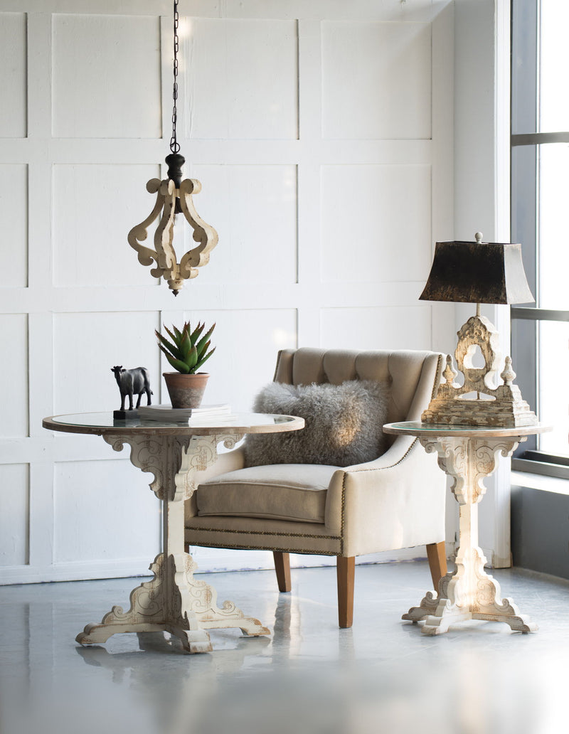 Farmhouse Chandeliar Distressed Pendant French Country Wood Chandelier For Living Room Foyer, Bulb Not Included - Antique Cream