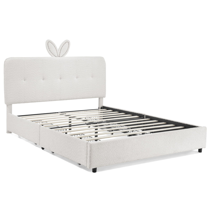 Upholstered Bed With Oversized Rabbit Ear Headboard, LED Lights & 4 Storage Drawers