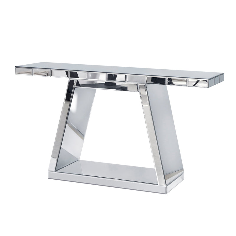 Modern Luxe Full Body Mirror Entryway Table With Trapezoid Base, 360° Reflective Console, Scratch Resistant, Open Storage - Silver