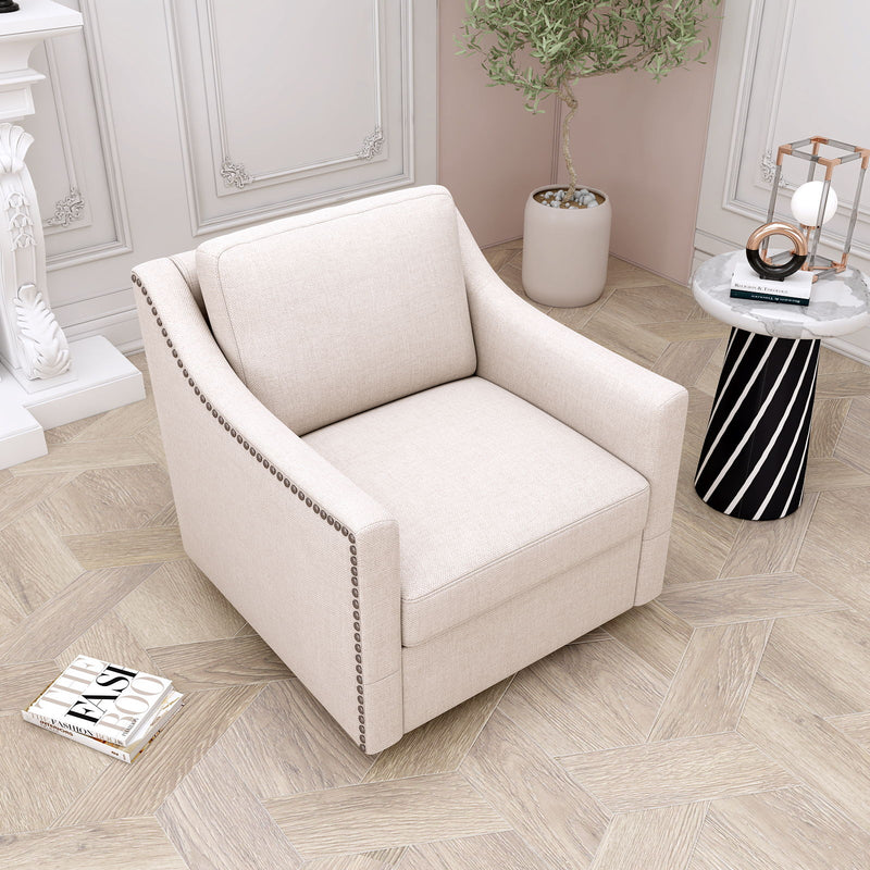 360 Degree Swivel Armchair, Skin Friendly Fabric, Ergonomic Design, Brass Nail Decorative Armchair