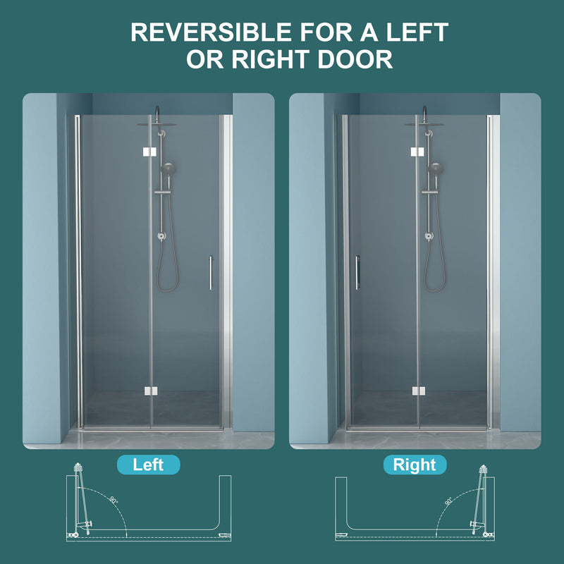 Bi Fold Frameless Shower Door With Tempered Glass,1 / 4" Thickness - Chrome