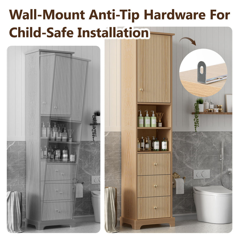 Tall Bathroom Cabinet With 1 Door, 3 Drawers, Open Storage - Wood