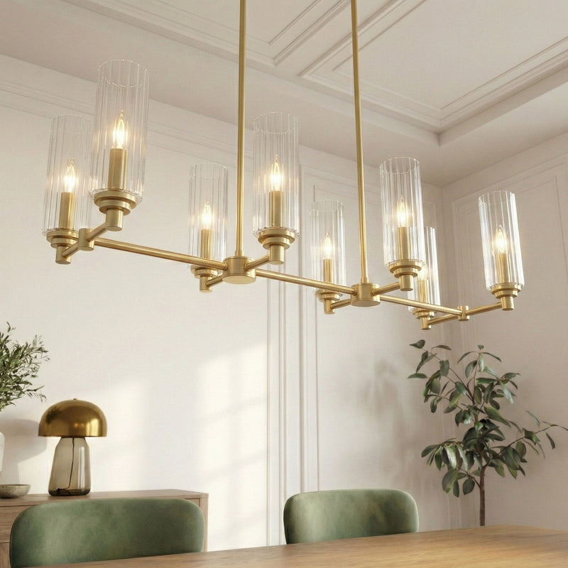 Willow - 8 Lights Island With Clear Ribbed Pendant Lamp Satin - Antique Brass / Clear / Gold