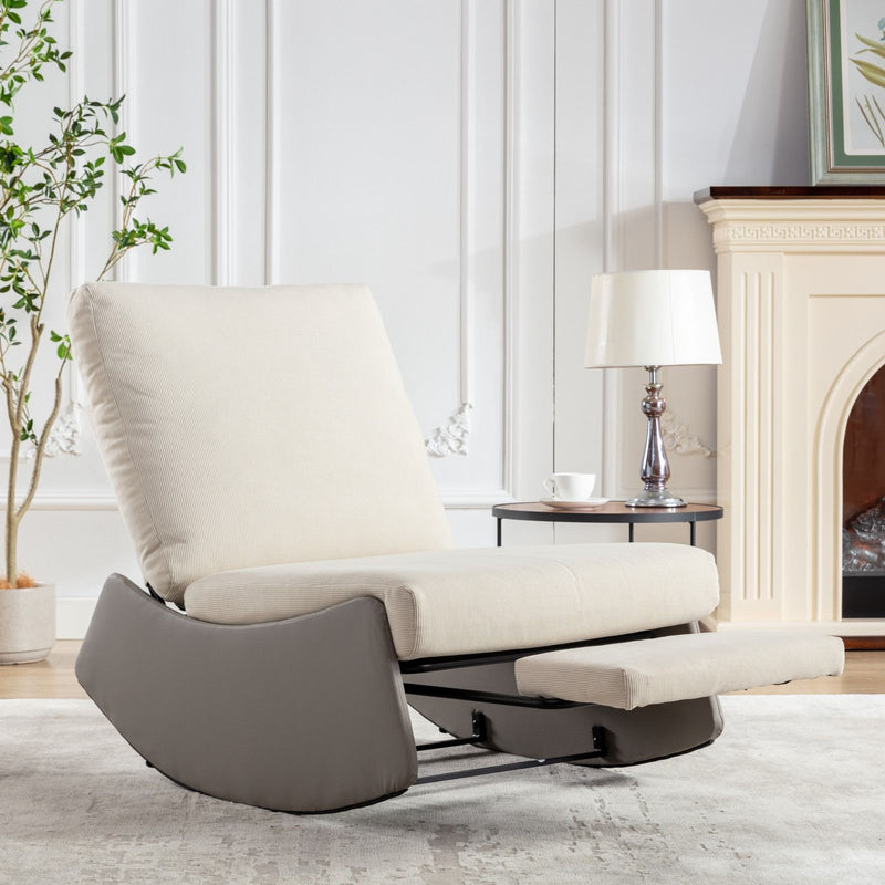Modern Rocking Chair Recliner, Comfy Rocker Nursery Chair With Footrest, Accent Reading Chair, Upholstered Lounge Chair For Relaxing, Resting, Soft Padded Rocker For Indoor Living Room Bedroom - Gray / Beige