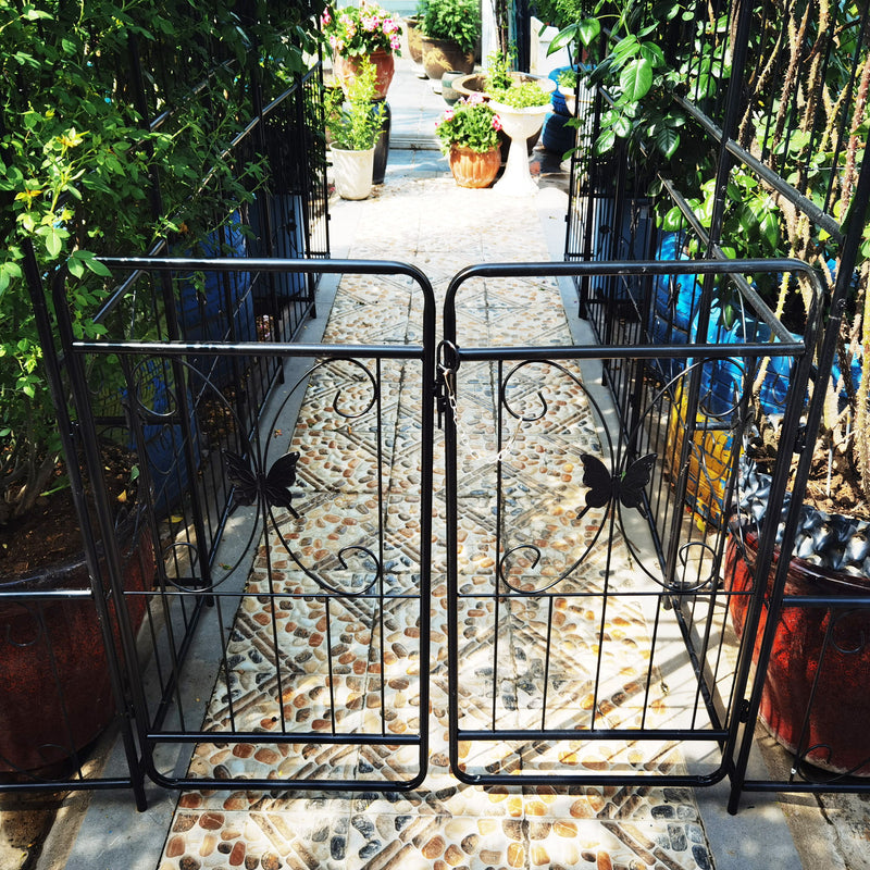 Metal Garden Arch With Gate High Climbing Plants Support Rose Arch Outdoor - Black