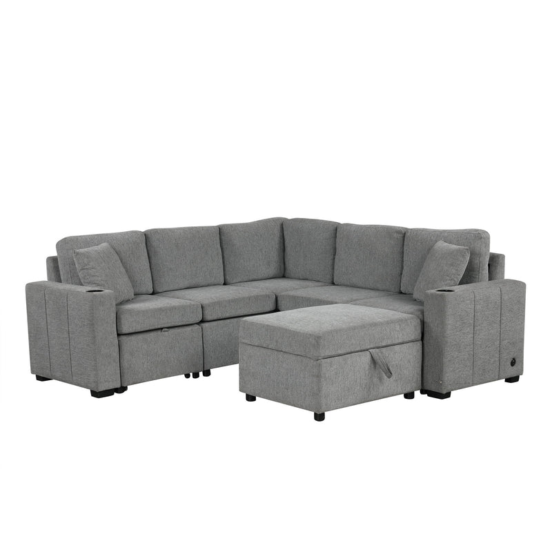 Sectional Sofa Convertible Pull-Out Sofa Bed With A Movable Storage Ottoman For Living Room