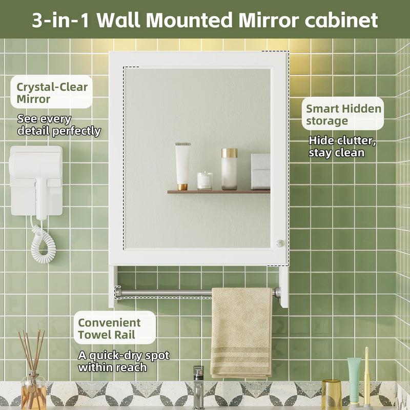 3 In 1 Wall Mounted Bathroom Mirror Cabinet With Adjustable Shelf, Soft Close Door, Mirror & Towel Bar - White