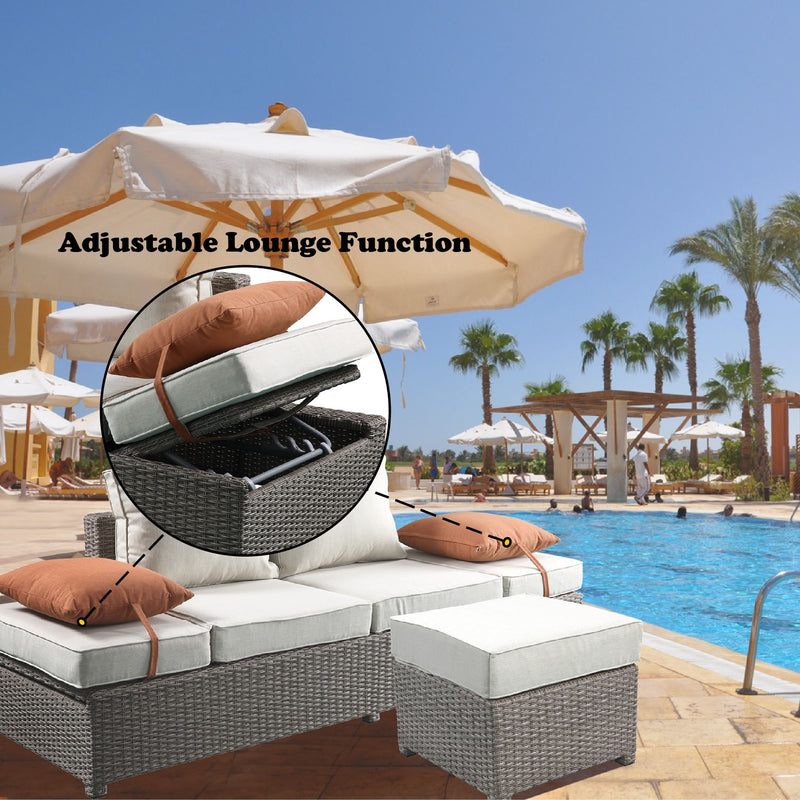 Salena - All Weather Wicker Patio Sofa & Ottoman With 2 Toss Pillows - Gray / Beige