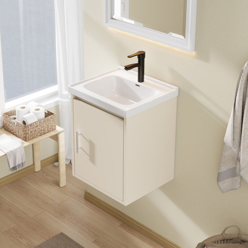 16" Floating Bathroom Vanity Combo, Wall Mounted Cabinet With Sink & Soft Close Doors For Small Bathrooms - Khaki