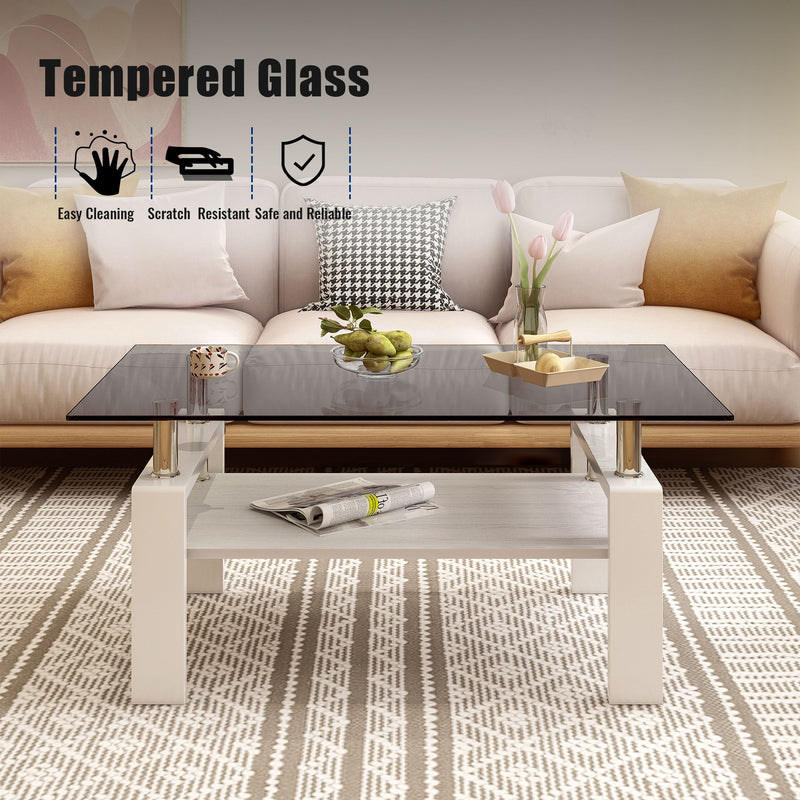 Modern Rectangular Coffee Table With Tempered Transparent Glass Top And Storage Shelf