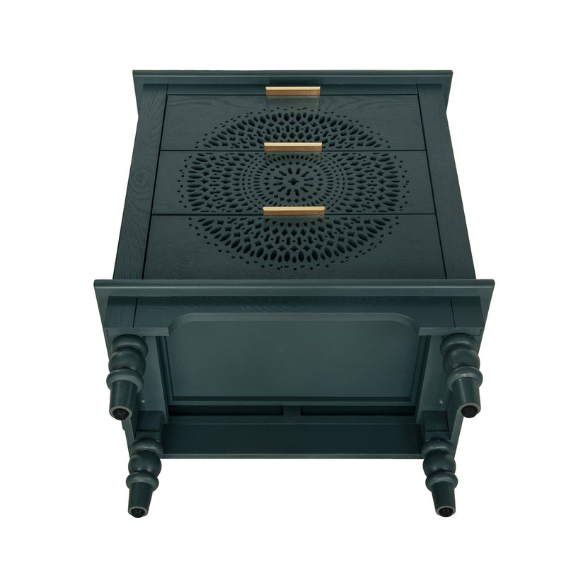 Hollow Carved 3 Drawer Dresser With Metal Handles, Storage Chest For Living Room Or Bedroom - Blackish Green