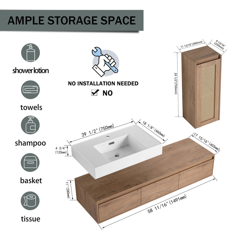 Modern Imitative Wall Mounted Bathroom Vanity With Resin Sink And Side Cabinet