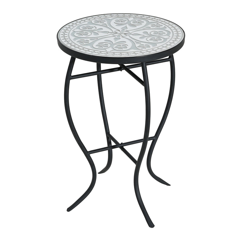 Outdoor Round Side Table With Mosaic Style Top And Curved Iron Legs