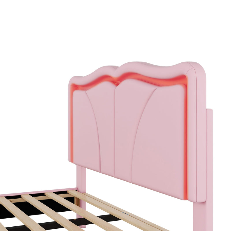 Upholstered Platform Bed & Curve Shaped And Height Adjustable Headboard, LED Light Strips