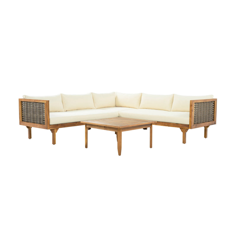 Premium Outdoor Sofa Set With Waterproof Cushions Sectional Seating Group With Acacia Wood And Wicker - Brown Mix / Beige
