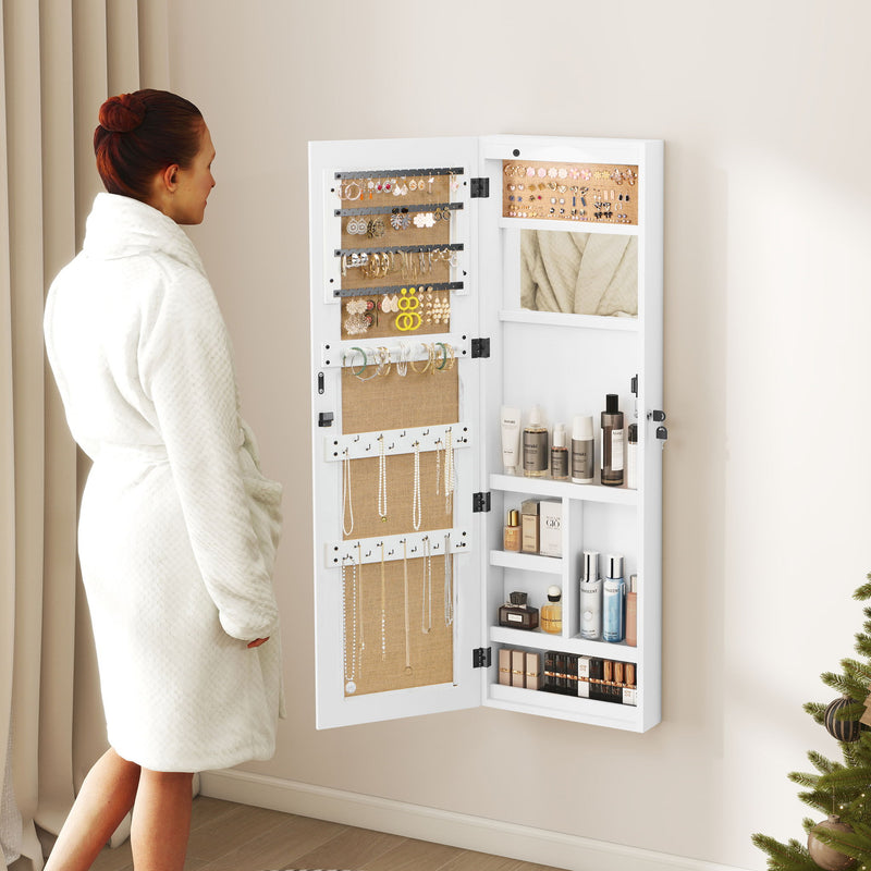 Jewelry Armoire Organizer With Full Length Mirror, Wall Mounted Lockable Cabinet With LED Light
