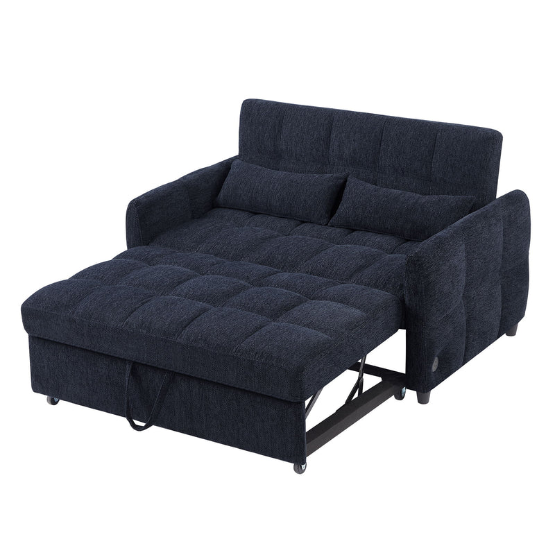 Loveseat Sofa Pull-Out Bed With Adjustable Backrest, 3 USB Ports And 2 Lumbar Pillows For Living Room