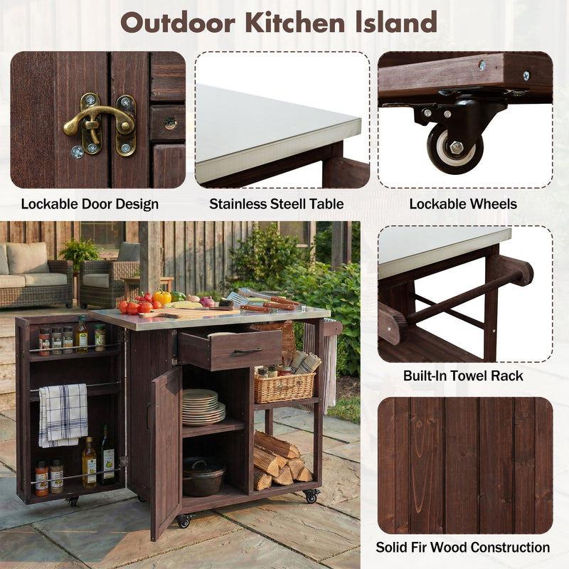 Outdoor Kitchen Island Prep Station With Lockable Wheels, Ample Storage, Towel & Spice Racks