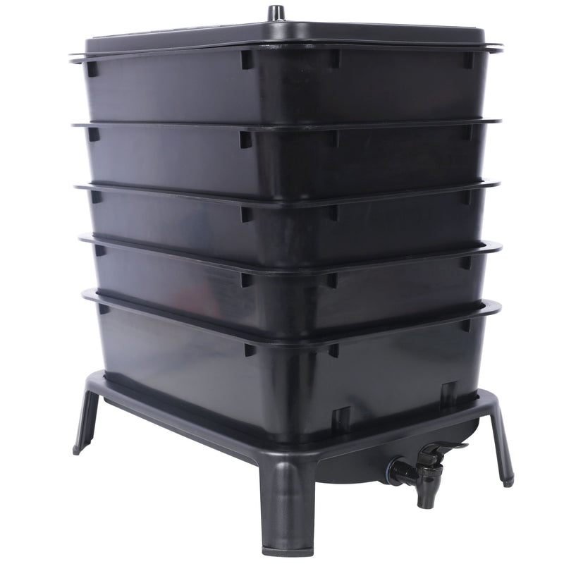 Eco Friendly 5 Layer Worm Compost Bin With 50L Capacity, Easy Setup Plastic Worm Farm Kit - Black