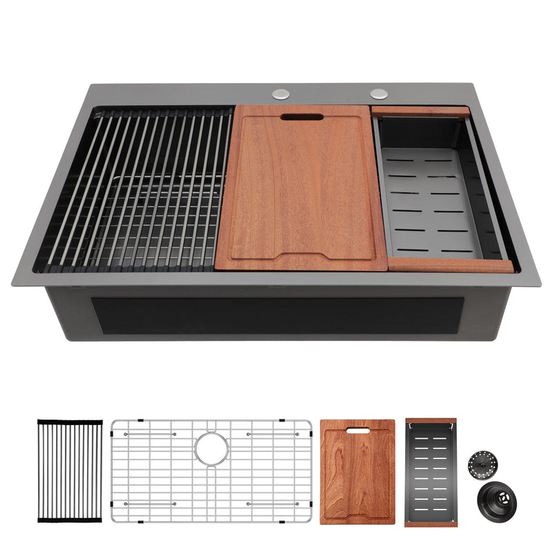 33" Drop In Kitchen Sink With Ledge Workstation, 16 Gauge Stainless Steel - Gunmetal Black