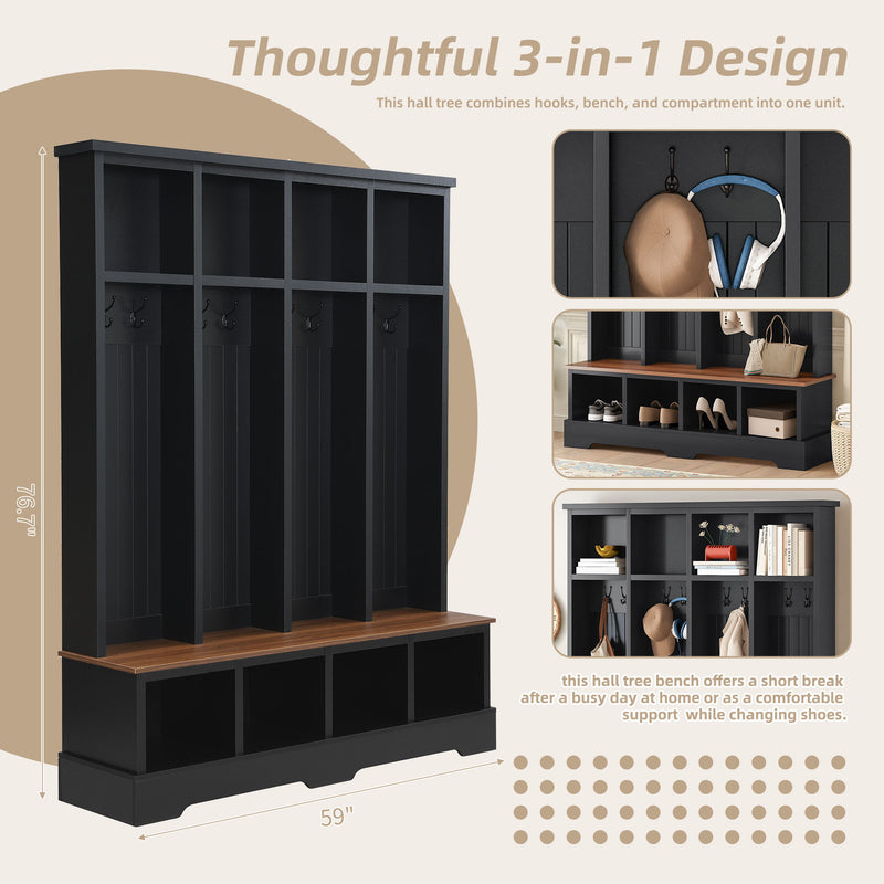 Hall Tree With 8 Hooks, Practical Entryway Bench With Open Compartments