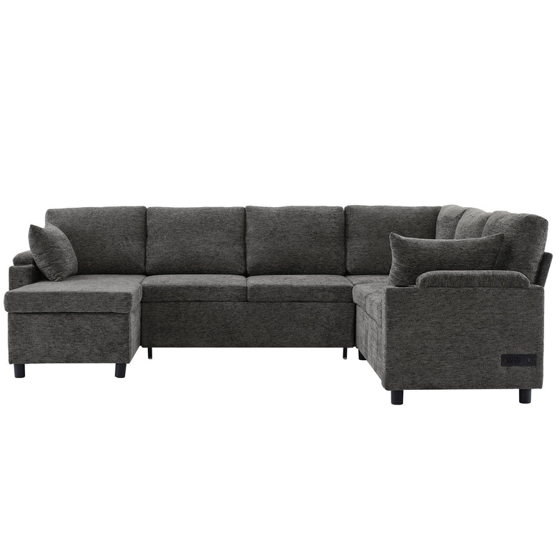 U-Shaped Sectional Sleeper Sofa With Ample Storage Space, 2 Cup Holders And Charging Ports For Living Room