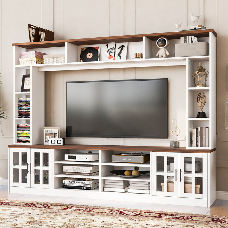 Wall Unit Entertainment Center With Bookshelves For TVs Up To 80", Tempered Glass Doors And Adjustable Shelves