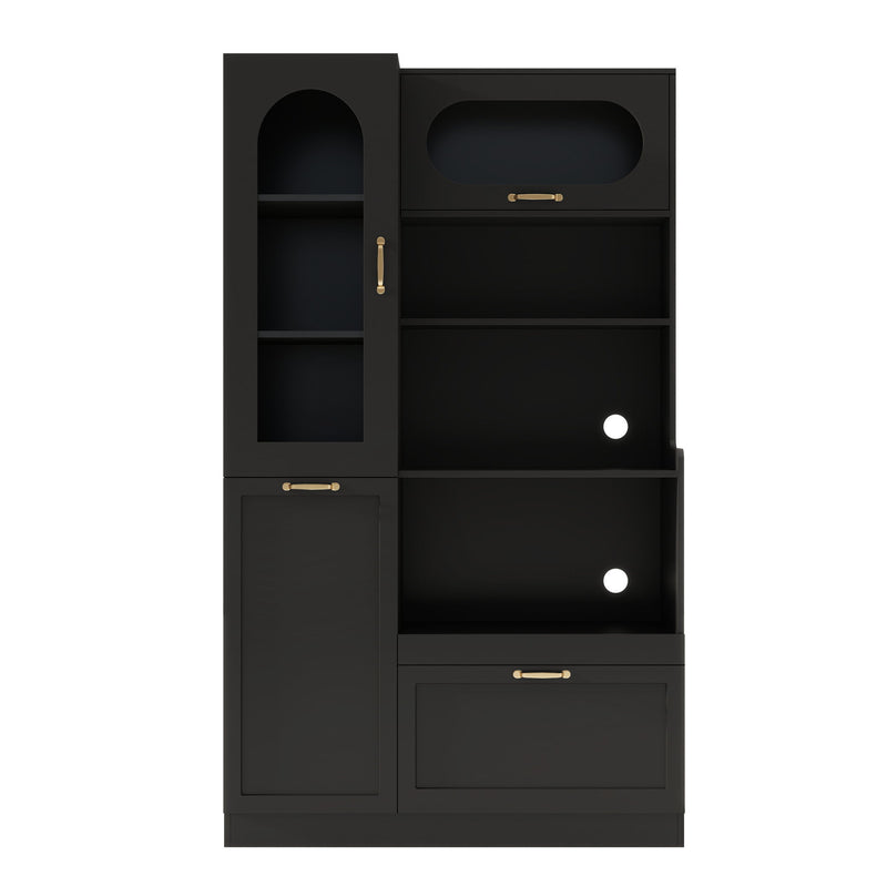 Tall Freestanding Kitchen Pantry Cabinet With Arched Glass Door
