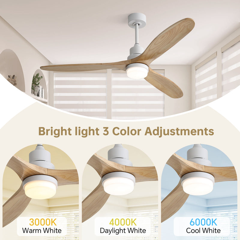 60" DC Motor Ceiling Fan With Light, 3 Blades, 18W LED 3 Color Dimmable With Memory, 6 Speed Lcd Remote Control, Reversible Motor, Timer Setting (1 / 4 / 8 H) - White