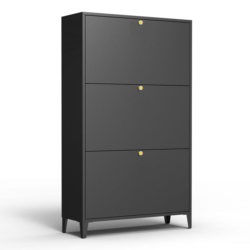 3 Drawer All Steel Shoe Cabinet, Freestanding Storage Organizer With Flip Door