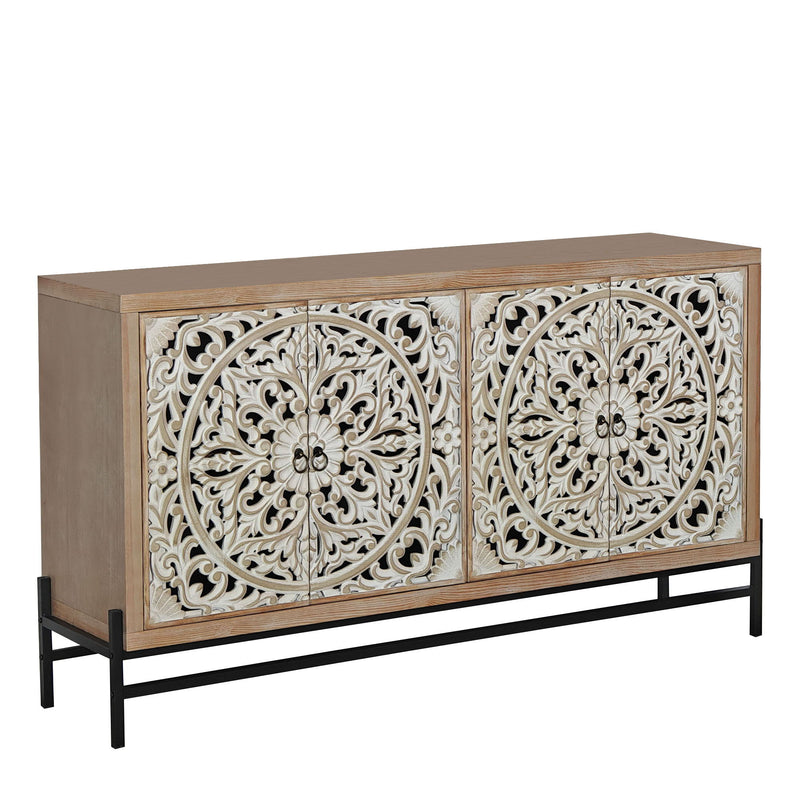 Carved 4 Door Cabinet, Storage Sideboard For Living Room - Multi