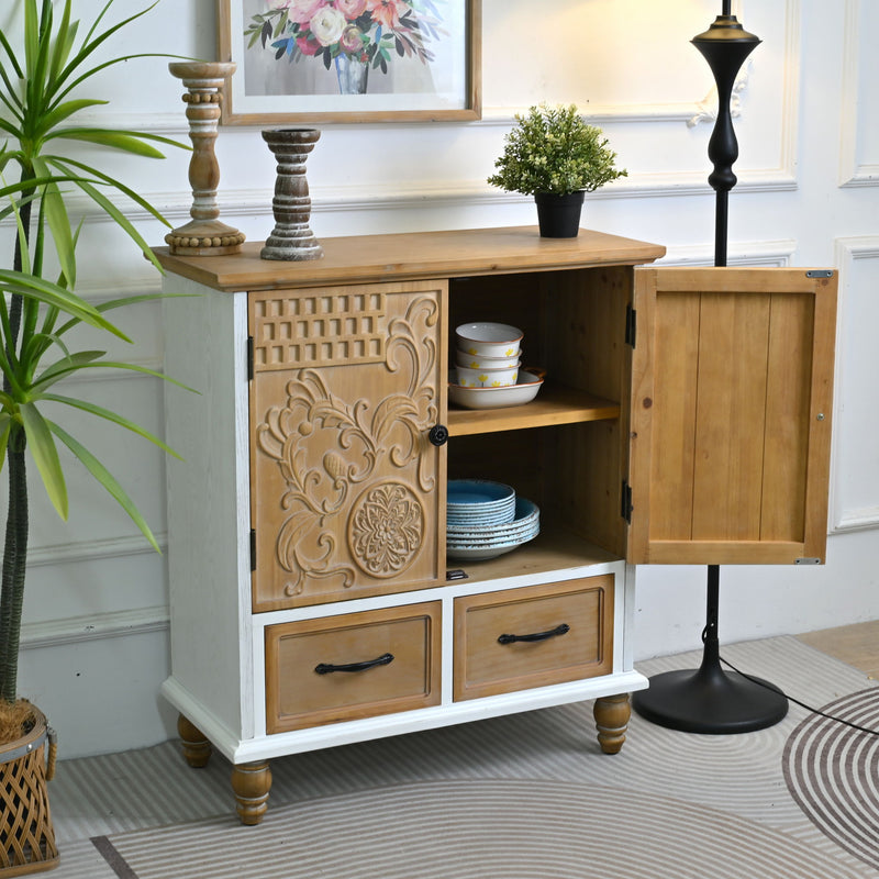 Accent Flower Carved Door Sideboard Cabinet With 2 Drawers For Kitchen - Natural Wood Wash / White