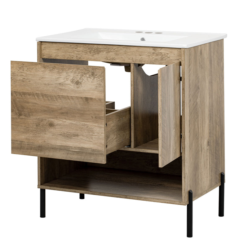 Bathroom Vanity Cabinet With Sink, Sliding Drawer, Soft Closing Door, Open Shelf - Natural Wood