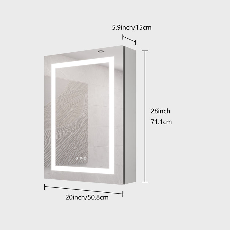 20 X 28" Bathroom Medicine Cabinet With Mirror Wall Mounted LED Bathroom Mirror Cabinet With Lights, Anti-Fog, Waterproof, Dimmable, 3000K~6000K, Single Door, Touch Swich, Storage Shelves - Silver