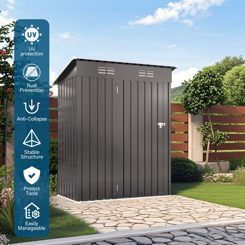 5 X 3 Ft Durable Metal Shed Outdoor Storage Shed With Pitched Roof And Lockable Door - Gray